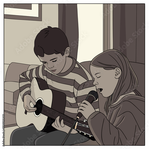 Two siblings playing music together one singing into a microphone while the other plays an acoustic