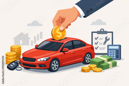 Car Loan and Auto Leasing Concept with Hand Putting Gold Coin into Red Car Piggy Bank, Maintenance Costs, Financial Planning for Vehicle Purchase, Rental Debt, and Insurance Vector Illustration