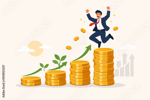Happy Businessman Jumping on Growing Stacks of Gold Coins for Financial Growth, Compound Interest, Investment Success, Wealth Accumulation, Profit, Prosperity, and Business Earning Illustration
