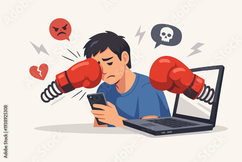 Cyberbullying and online harassment concept with a sad man being attacked by boxing gloves from a laptop screen, representing social media threats, digital violence, and mental health struggles.