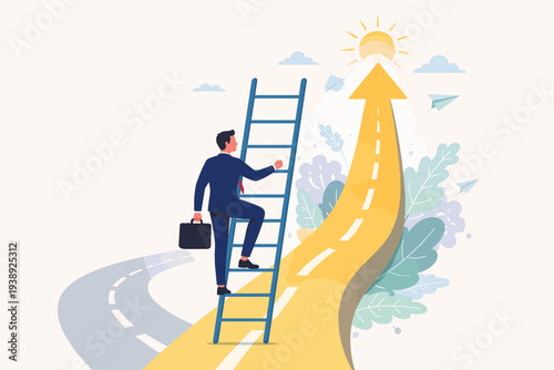 Businessman Climbing Ladder to Success and Career Growth Opportunity, Professional Development and Business Transformation Concept, Ambitious Man Moving Upward on Path to Goal and Achievement