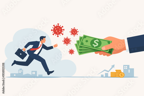 Businessman running to receive economic stimulus package money from government hand during coronavirus pandemic crisis, financial aid and relief policy to support business and economy recovery.