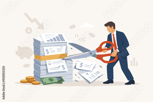 Businessman cutting a stack of bills with giant scissors for cost reduction, expense management, tax deduction, and budget control. Financial crisis and savings concept vector illustration.