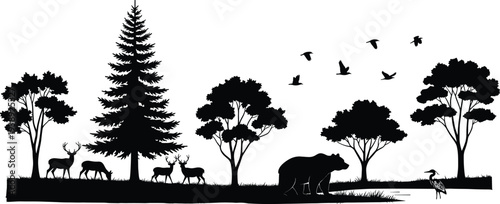 Vector silhouette of forest landscape with pine trees, deer family grazing, a bear near water, flying birds, and a heron,
