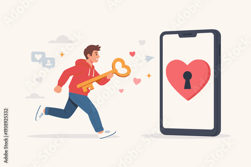 Man running with a golden heart key to unlock a heart on a mobile phone screen, representing online dating apps, finding romantic relationships through internet technology and social media.