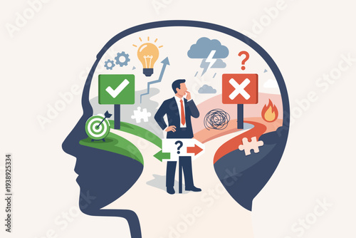 Decision Making and Logical Thinking Concept with Businessman at Crossroads Inside Human Head Silhouette Choosing Between Right or Wrong, Correct or Incorrect Path for Problem Solving Strategy
