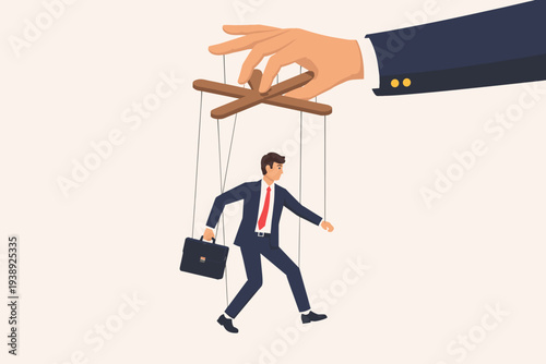 Businessman as a Puppet Controlled by a Giant Hand, Concept of Corporate Manipulation, Micro-management, Authority, and Domination in the Workplace, Vector Illustration of Employee Exploitation