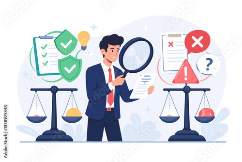 Professional Businessman Analyzing Data with Magnifying Glass for Fact Checking, Truth Verification, and Information Accuracy, Comparing Right and Wrong with Scales and Symbols of Validation
