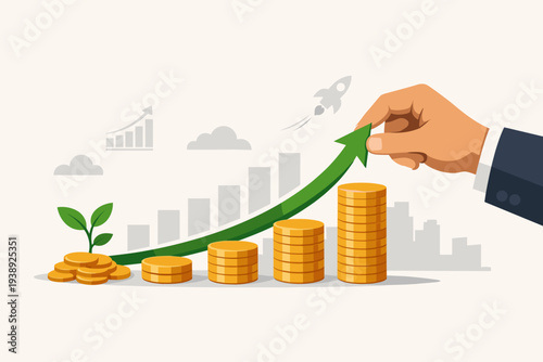 Business financial growth and profit increase concept with a hand pushing a green arrow up over stacks of gold coins, growing plant, and rocket ship icon for successful investment and capital gain.