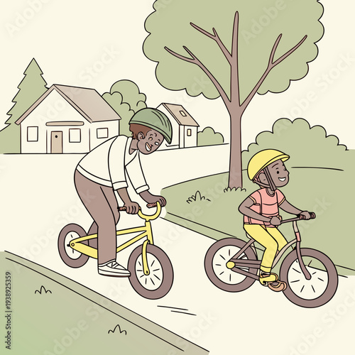 Older brother teaching younger sibling to ride a bicycle in a suburban neighborhood learning