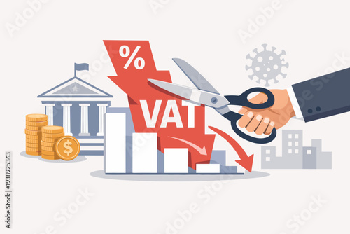 Government tax policy to cut VAT and reduce tax rates for economic recovery after COVID-19 pandemic. Vector illustration of hand with scissors cutting tax arrow with coins and bank building.