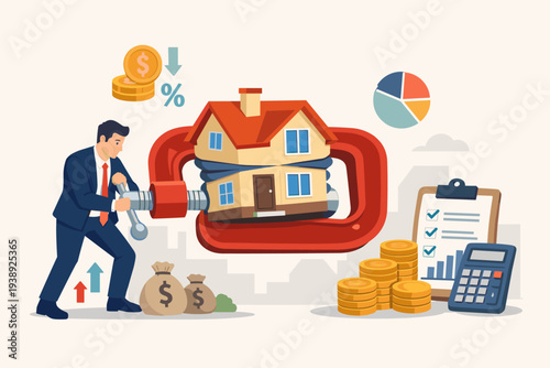 Businessman Squeezing a House with a Clamp for Mortgage Refinance and Lower Interest Rates, Real Estate Investment Strategy, Financial Planning, Budget Management and Cost Reduction Illustration