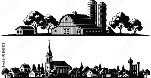 Vector silhouette of a rural farm with barn and silos, and a town skyline with church, houses, and castle,