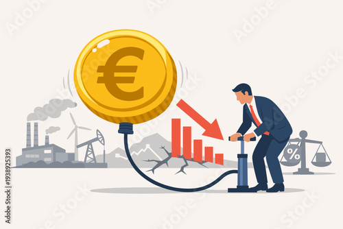 Inflation in Europe concept with businessman pumping Euro coin balloon, energy shortage impact, economic recession, falling bar chart, interest rate policy, and industrial background vector.