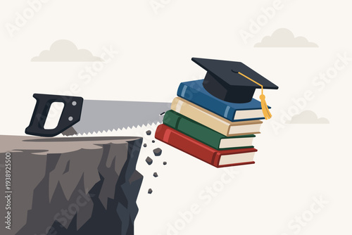 Conceptual illustration of education budget cuts and student loan debt crisis showing a saw cutting a cliff edge with a stack of books and graduation cap falling into a financial pitfall or abyss.