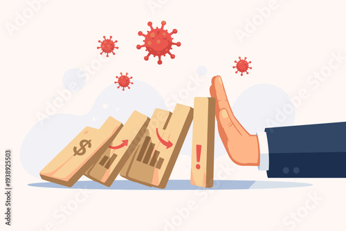 Businessman Hand Stopping Domino Effect of Global Market and Economics Collapse, Financial Crisis Protection from COVID-19 Coronavirus Pandemic Impact, Economic Recovery and Stability Concept
