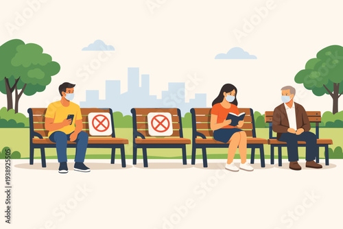 People wearing protective face masks and practicing social distancing on park benches during the COVID-19 pandemic. New normal lifestyle with safety measures in public spaces and city park.