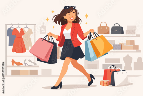 Happy Young Woman Shopaholic Walking in a Retail Clothing Store Carrying Many Colorful Shopping Bags, Joyful Female Customer Enjoying Seasonal Sales and Discounts in a Fashion Boutique Shop