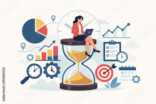 Businesswoman Sitting on Hourglass Managing Time and Work Efficiency with Laptop, Charts, and Graphs for Productivity Planning, Project Management, and Strategic Organization in Modern Office.