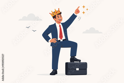 Successful businessman wearing a golden crown standing proudly with one foot on a briefcase and pointing to the sky. Concept of achievement, leadership, career growth, and professional success.