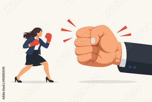 Businesswoman in Suit and Boxing Gloves Facing a Giant Fist, Concept of Feminism, Career Challenge, Gender Equality, Corporate Competition, Woman Power, Strength, and Overcoming Big Obstacles.