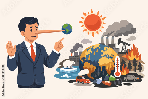 Politician with Long Pinocchio Nose Symbolizing Climate Change Lies and Broken Promises, Global Warming Crisis with Melting Earth, Industrial Pollution, Forest Fires, and Environmental Failure
