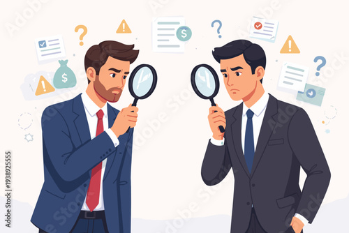Two Businessmen Investigating Each Other with Magnifying Glasses, Concept of Business Suspicion, Distrust, Fraud Detection, Due Diligence, Corporate Investigation, and Financial Risk Assessment.