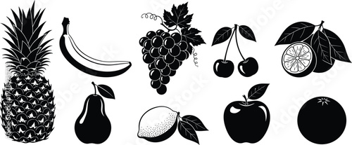 Vector silhouette collection of fresh fruits including pineapple, banana, grapes, cherry, orange, pear, lemon, apple, and citrus for healthy food design
