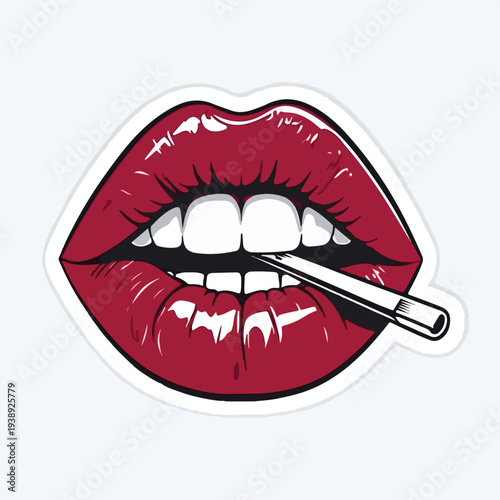 Vivid illustration of glossy, dark red, seductive lips biting down on a thin white cigarette or filter.
