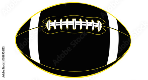 Black American Football with White Laces and Stripes on White Background
