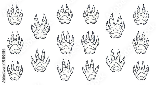 Animal Paw Prints Seamless Pattern, Wildlife Tracks, Black and White Illustration