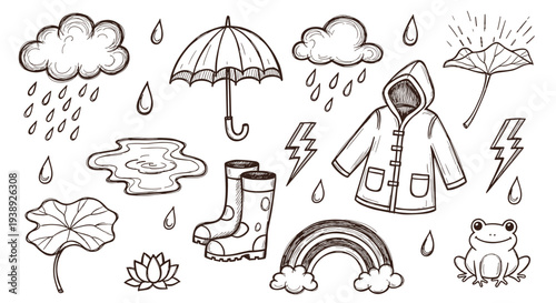 Hand drawn doodle illustration of rainy weather elements including clouds umbrella raincoat boots puddles rainbow and frog