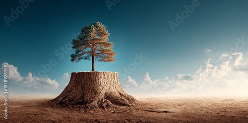In a sun‑lit field, a single evergreen flourishes on a worn stump, its roots extending over the cracked earth, embodying endurance and nature's power