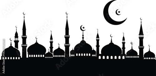 Vector black silhouette of a grand mosque panorama with many domes, minarets, and crescent moon symbols for Ramadan, Eid, Islamic design