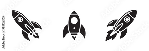 Set of three stylized black rocket icons showing different stages of ascent and trajectory against white
