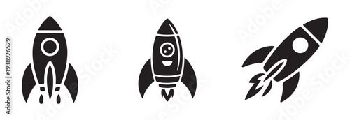 Three different black spaceship icons depicting various styles from simple to expressive with engine thrust visible