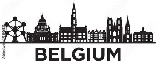 Belgium city skyline with famous landmarks in black silhouette