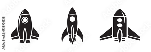 Four distinct black vector rocket illustrations showcasing different body shapes and fin configurations for space travel