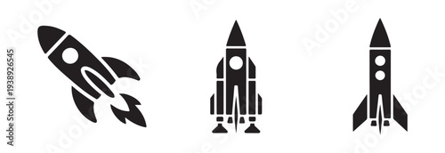 Five varied black and white vector icons of rockets illustrating different launch angles and engine designs for space