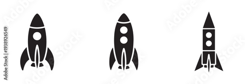 Simple silhouette icons set of three different vintage style rocket ship drawings for space concept