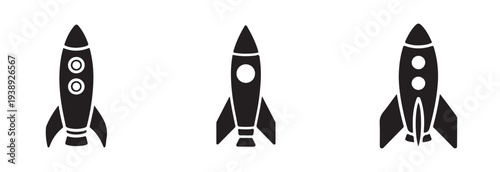 Collection of three different stylized black spaceship icons featuring circular windows for science fiction concepts