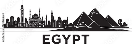 Egypt landmarks silhouette with pyramids and cityscape