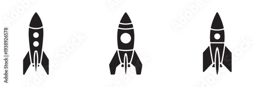 Three distinct vector graphics illustrating various forms of black rocket ships suitable for web or app development