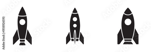 Collection of three simple black silhouette retro style rocket icons set for space travel design