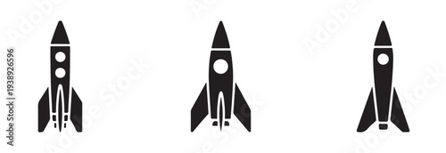 Set of three stylized black rocket symbols showing different fin and window configurations for launch