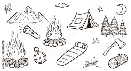 Hand drawn sketch of camping elements like tent campfire sleeping bag axe and mountains for outdoor adventure and nature exploration