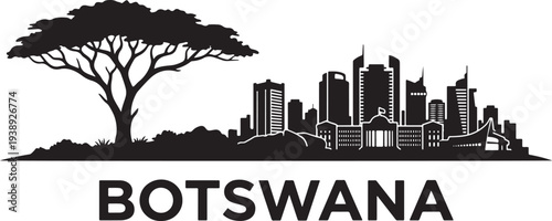 Vibrant Botswana cityscape with iconic tree and modern skyline