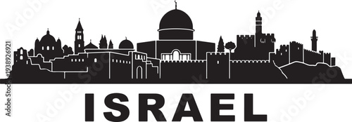 Stunning black silhouette of Israel cityscape with iconic landmarks