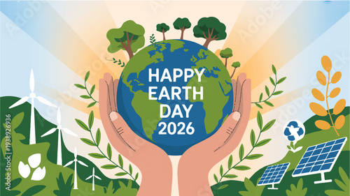 Hands holding earth day globe with trees wind turbines and solar panels in green landscape