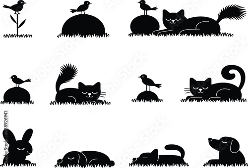 Silhouette set of various cute animals including cats birds rabbit and dogs resting in grass isolated on white background illustration.